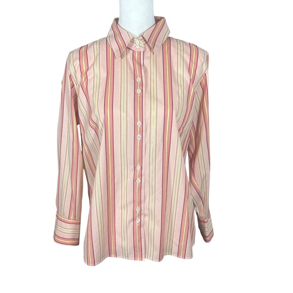 Talbots Tops - Talbots Button Down Shirt Women 12WP Pink Striped Wrinkle‎ Resistant Stretch